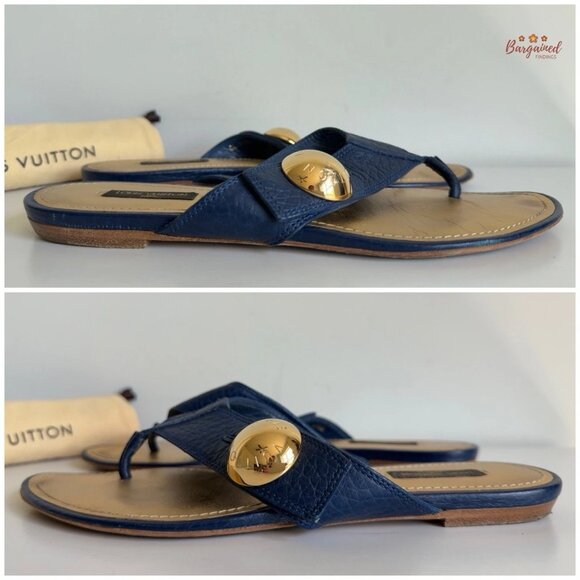 Authentic Louis Vuitton Navy Leather Chaussures Slides Thong Sandals 38.5/8.5 - Picture 10 of 13